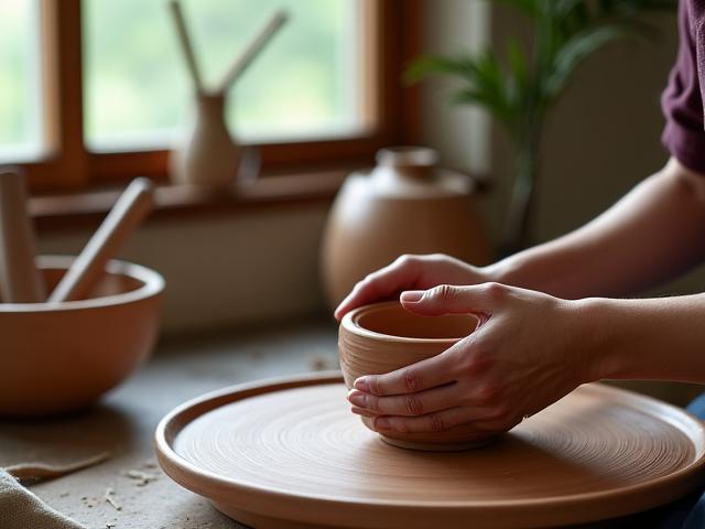 Potter's hands molding clay on a wheel